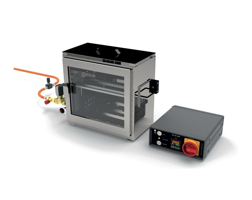 Wazau BKF horizontal burning rate tester: stainless steel combustion box with glazed door, gas valve and optional timer unit
