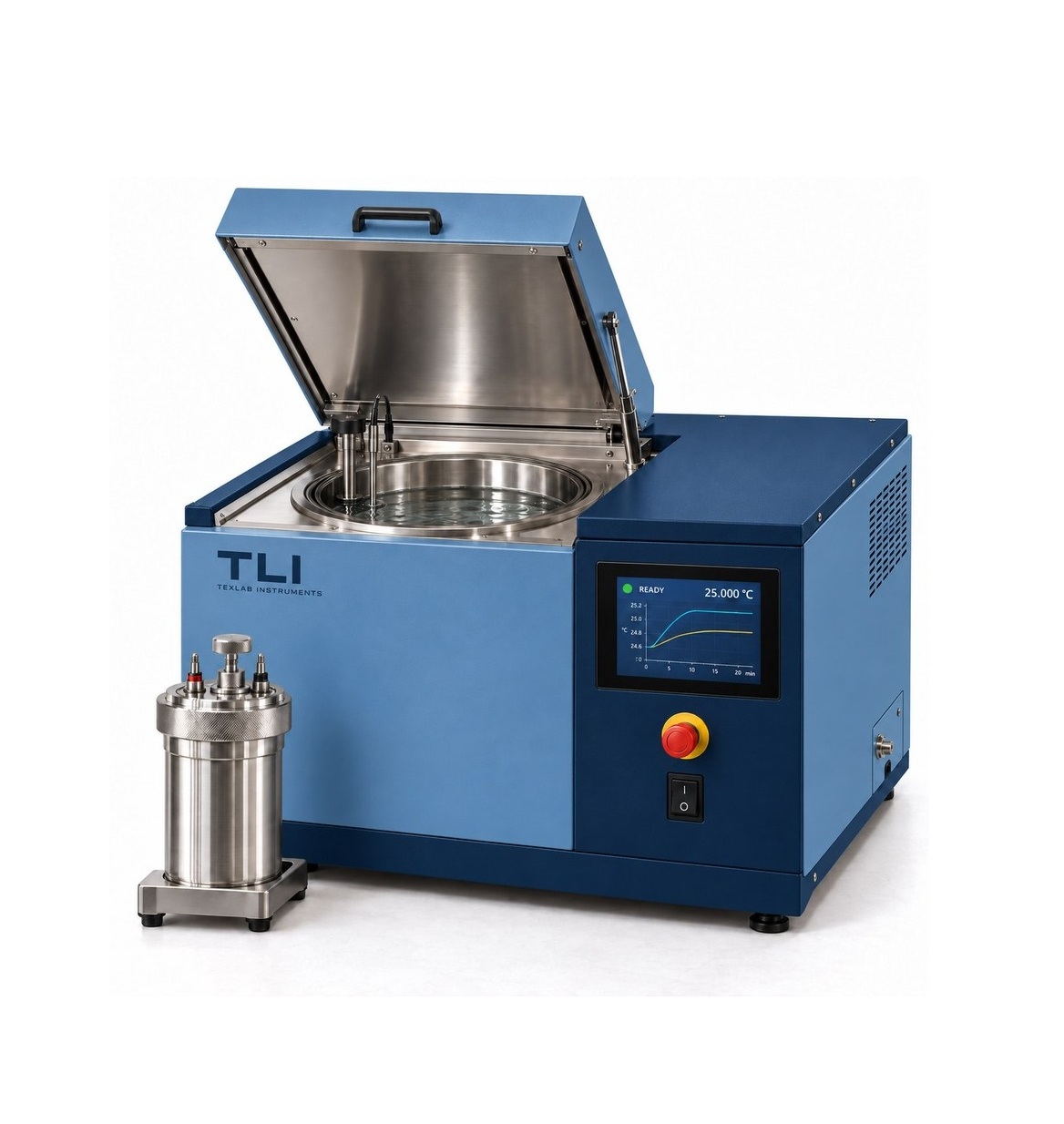 TLI TXL-YAN-014 oxygen bomb calorimeter with open lid, 7-inch touchscreen and oxygen bomb